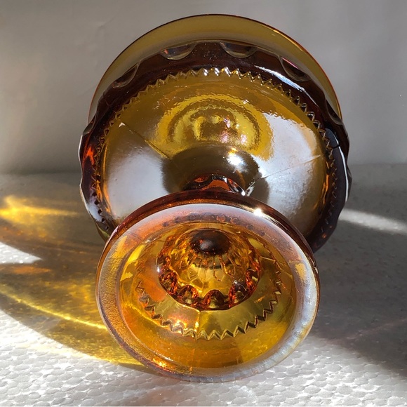Amber Gold Carnival Glass Iridescent Kings Crown Thumbprint Compote Candy Dish - Picture 3 of 6